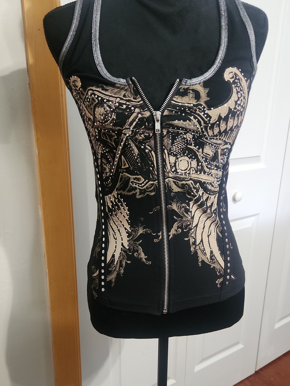 Black Bikercore Tank Top with Gold Motorcycle Graphic and Front Zip